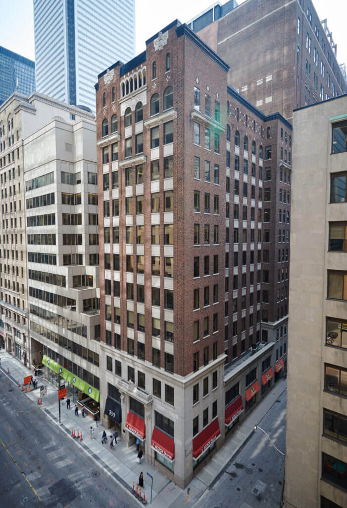 Drone image of Dream Office's 350 Bay Street building.