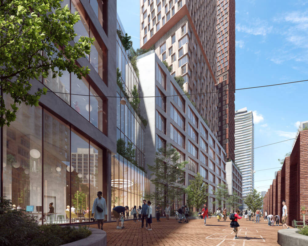 Rendering of West Don Lands Community on a bright sunny day with kids playing on the sidewalk in Toronto, ON