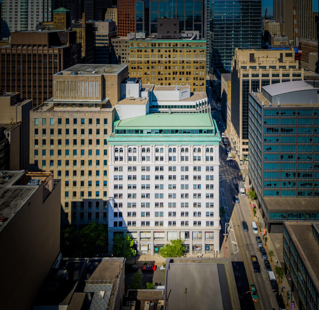 Aerial shot of the city core featuring an array of Dream Office REIT's assets highlighting 36 Toronto Street beside 30 Adelaide Street.