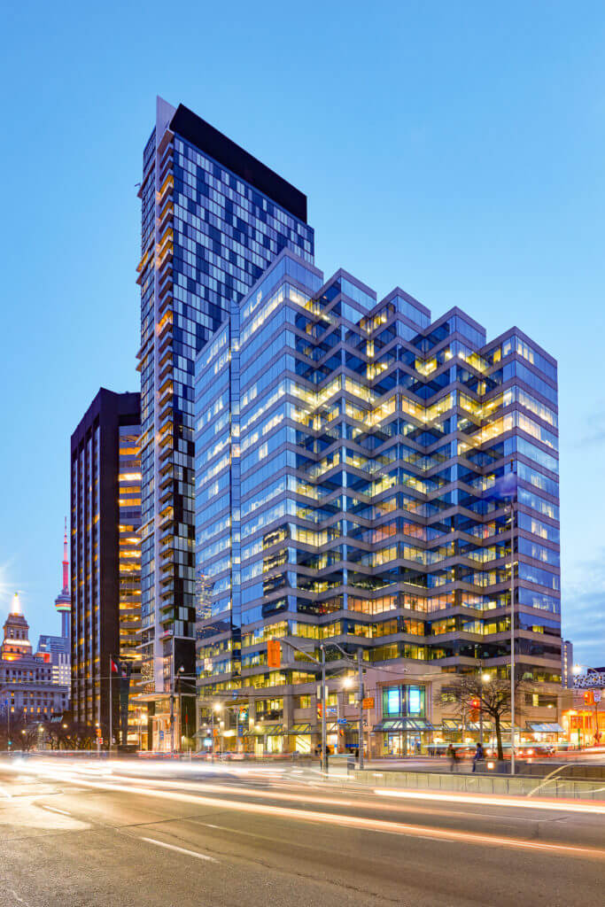 Nighttime shot of Dream Office REIT's building located at 437 University Ave. in Downtown Toronto.