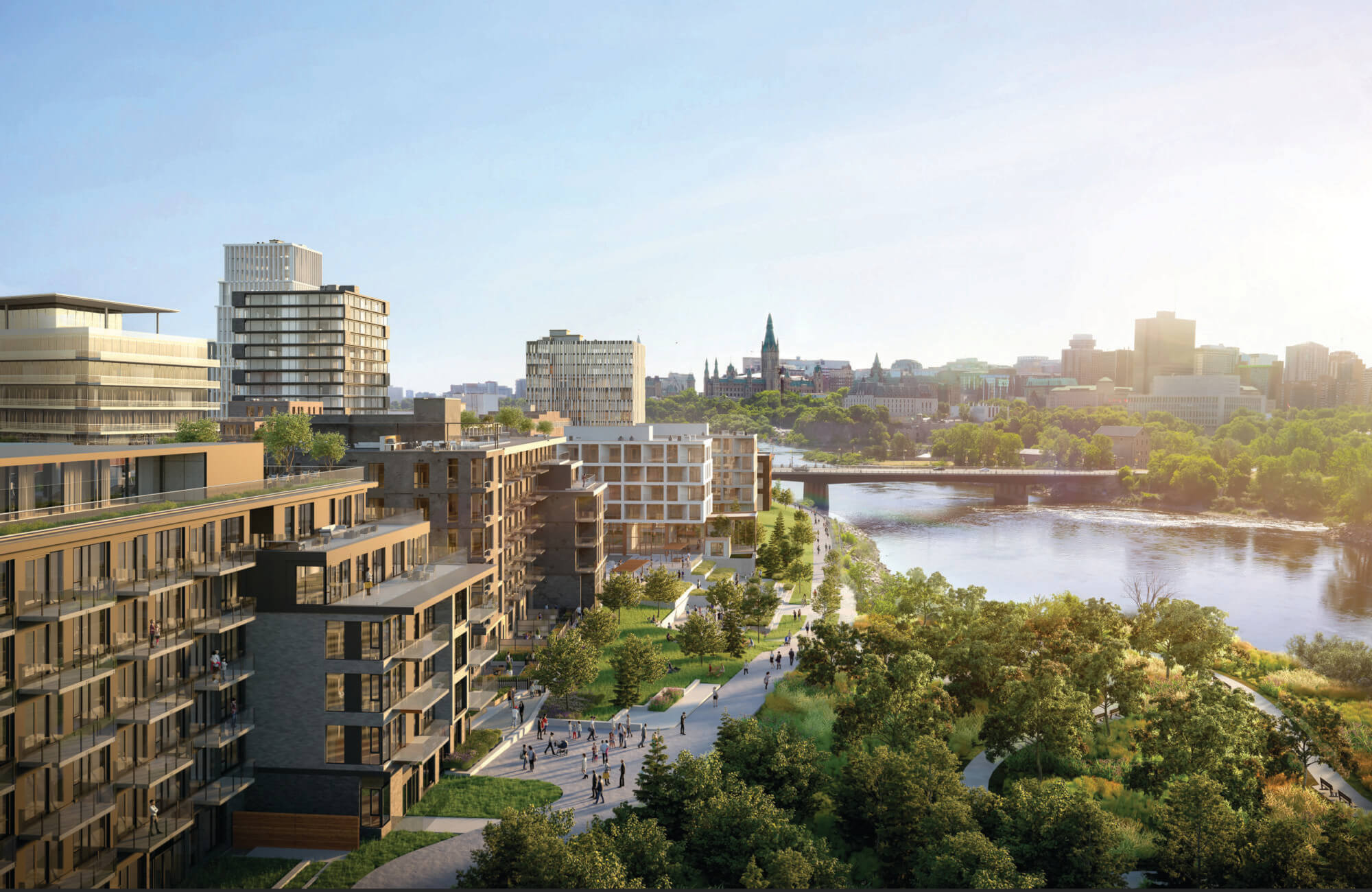 Aerial photo of Zibi Community includes river and bridge between Ottawa and Gatineau.